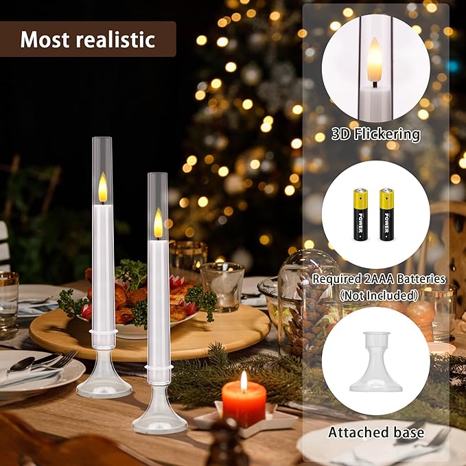 White Flameless Taper Candles, 6 Pack Acrylic LED Candles with Remote Timer, 9.25"x0.75" Battery Operated Flickering Window Candle for Home Wedding Decor, and Holiday Celebrations