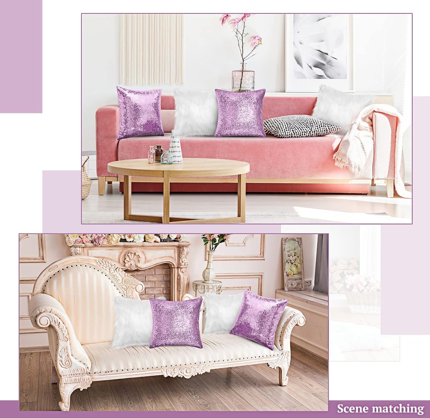 Irenare 4 Pcs Sequin and Fluffy Pillow Covers Winter Throw Pillow Cases Soft Cushion Cover for Couch Bed Sofa Xmas Day(18 x 18 Inch,Purple, White,)