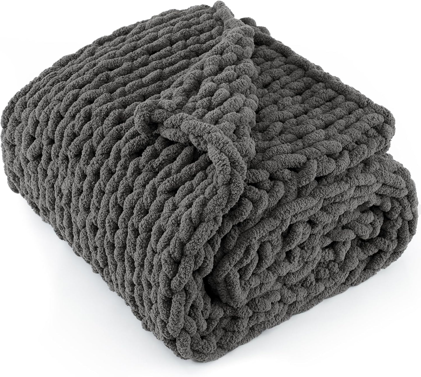 Chunky Knit Throw Blanket 60"X 80", 100% Handmade with Soft Chenille Yarn, 6.7lbs Thick Cable Knitted Blankets, Large Rope Knot Crochet Throws for Couch Sofa Bed Home Decor, Dark Grey