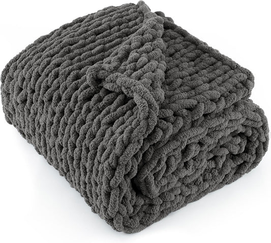Chunky Knit Throw Blanket 60"X 80", 100% Handmade with Soft Chenille Yarn, 6.7lbs Thick Cable Knitted Blankets, Large Rope Knot Crochet Throws for Couch Sofa Bed Home Decor, Dark Grey