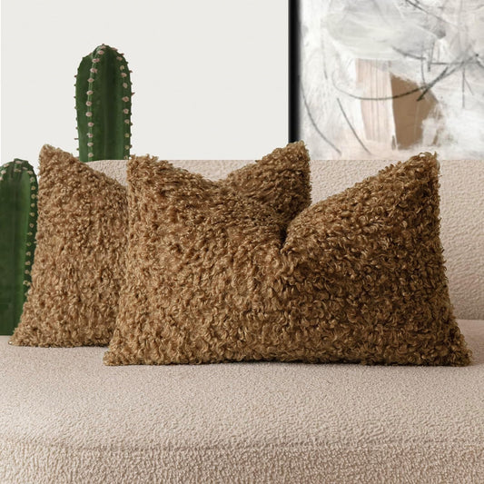 Foindtower Set of 2 Curly Teddy Wool Pillow Covers Decorative Boucle Textured Lumbar Throw Pillow Faux Fur Sherpa Pillowcases Sheepskin Fuzzy Cushion Case for Sofa Bedroom Car 12"x20" Dark Bronze
