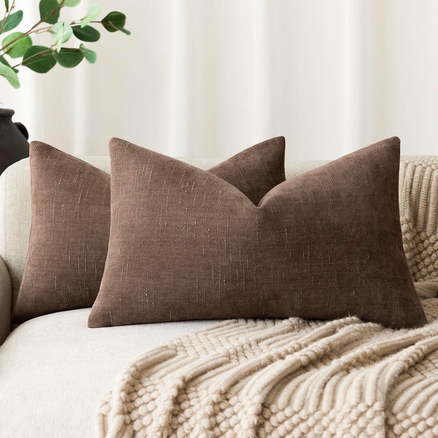 Foindtower Pack of 2 Soft Textured Chenille Throw Decorative Pillow Covers Lumbar Accent Solid Cushion Cover Cozy Neutral Farmhouse Pillow Case for Couch Sofa Bedroom Living Room 12x20 Inch, Chocolate