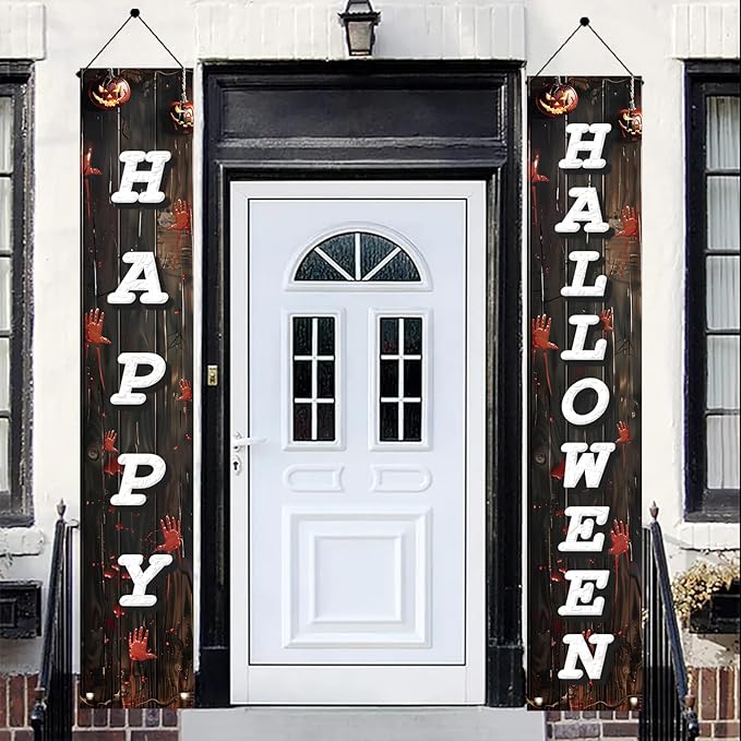 2PCS Halloween Porch Banner Decorations 71 x 12 Inch Happy Halloween Vertical Hanging Sign Scary Bloody Handprint Front Door Banner for Outdoor Haunted House Yard Party Wall Decor