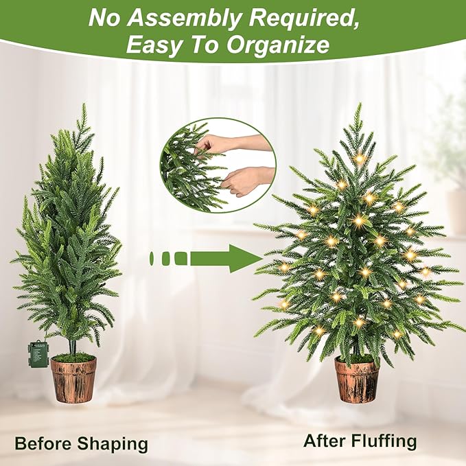 2FT Norfolk Pine Tree with Lights - Tabletop Christmas Tree with Pot, Real Touch PE Branch Tips for Front Porch, Kitchens, Home Indoor Outdoor Xmas‌ Decor