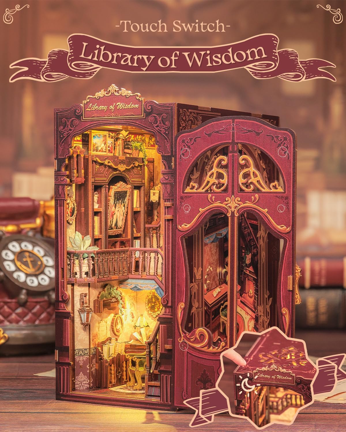 Cutefun Book Nook Kit - DIY Miniature Dollhouse Kit 3D Wooden Puzzle for Adults, Teens, Crafts Gifts for Bookshelf Decor (Library of Wisdom)