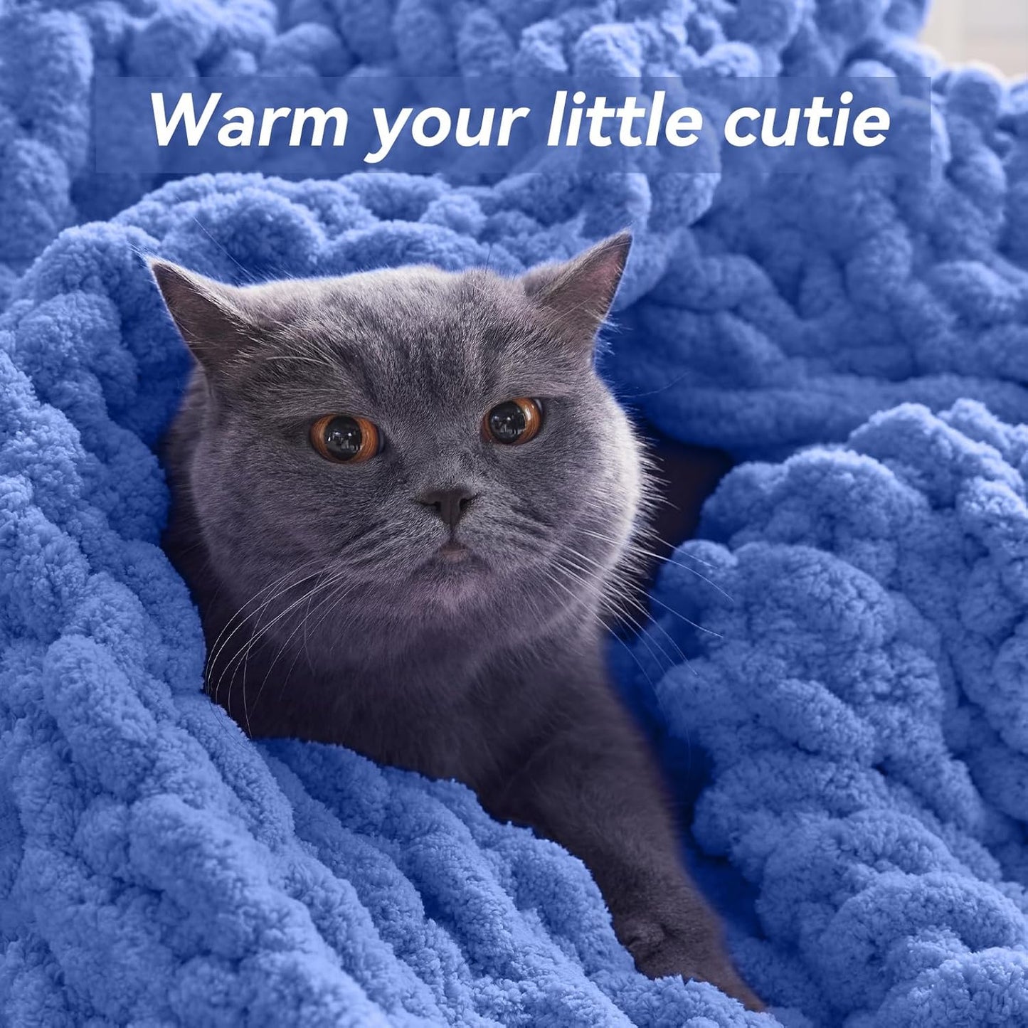 Chunky Knit Throw Blanket, 30''*40'' Knitted Throw Chenille Yarn for Bed Couch, Handmade Light Blue Crochet Big Thick Blanket, Machine Washable Cute Comfy Blanket for Home Decor