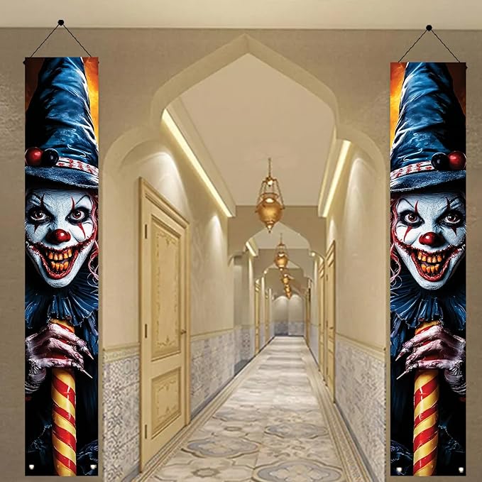 2PCS Halloween Porch Banner Decorations Scary Clown Door Signs 71 x 12 Inch Creepy Outdoor Indoor Halloween Front Door Decor Haunted House Wall Fireplace Hanging Banner Party Supplies