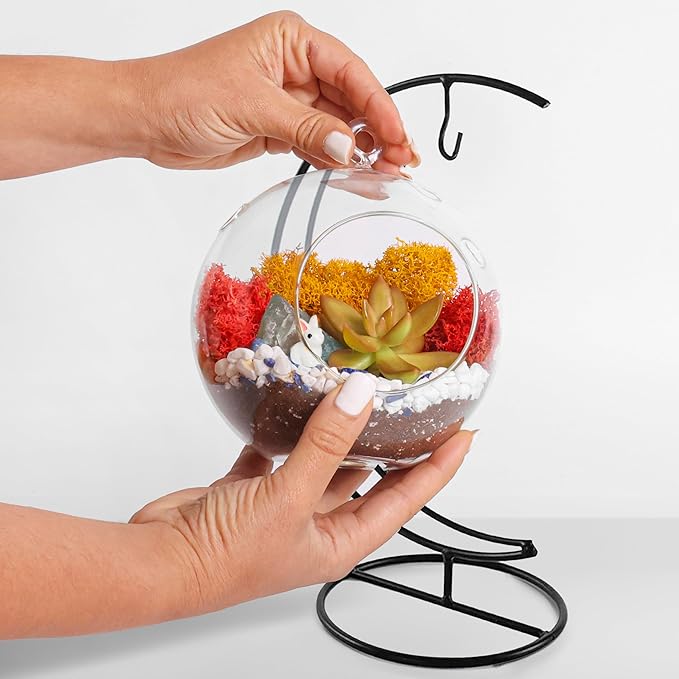 5" DIY Globe Terrarium Kit - Hanging Glass Planter with Stand for Adults & Kids - Build Your Own Mini Ecosystem with Moss, Crystals, Tools & Figurine - Handcrafted in USA
