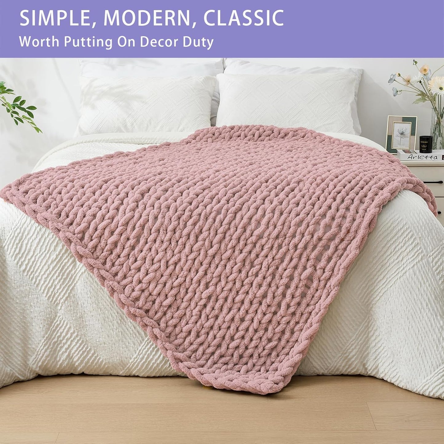 Bigacogo Chunky Knit Throw Blanket for Couch, 40x60 inches, 100% Hand Knitted with Thick Jumbo Chenille Yarn, Cozy Soft Large Rope Knot Cable Crochet Blankets for Sofa Bed Living Room, Dusty Pink