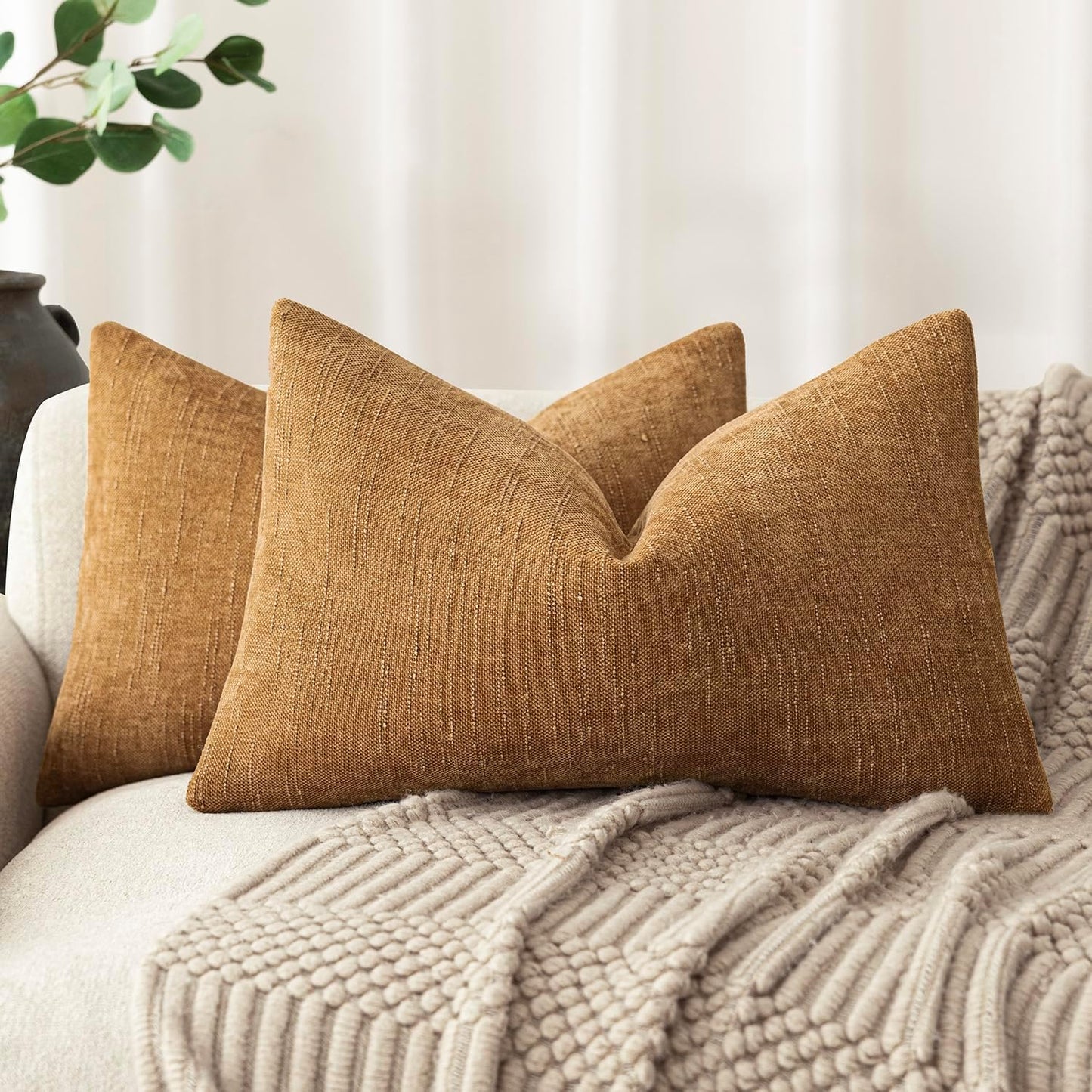 Foindtower Set of 2 Textured Chenille Throw Decorative Pillow Covers Square Accent Solid Cushion Cover Neutral Farmhouse Lumbar Pillow Case for Couch Sofa Bedroom Living Room 12x20 Inch,Golden Brown