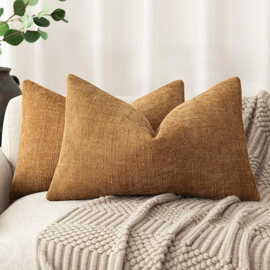 Foindtower Set of 2 Textured Chenille Throw Decorative Pillow Covers Square Accent Solid Cushion Cover Neutral Farmhouse Lumbar Pillow Case for Couch Sofa Bedroom Living Room 12x20 Inch,Golden Brown