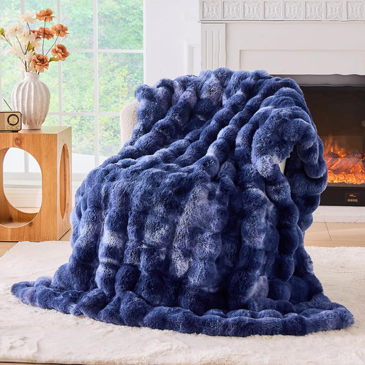 BENVWE Fluffy Faux Fur Throw Blanket for Couch, Soft Plush Thick Cozy Fuzzy Luxury Minky Bubble Blanket for Home Living Room Decor Gift for Women, Tie-dye Blue, 51" x 63", 1100GSM