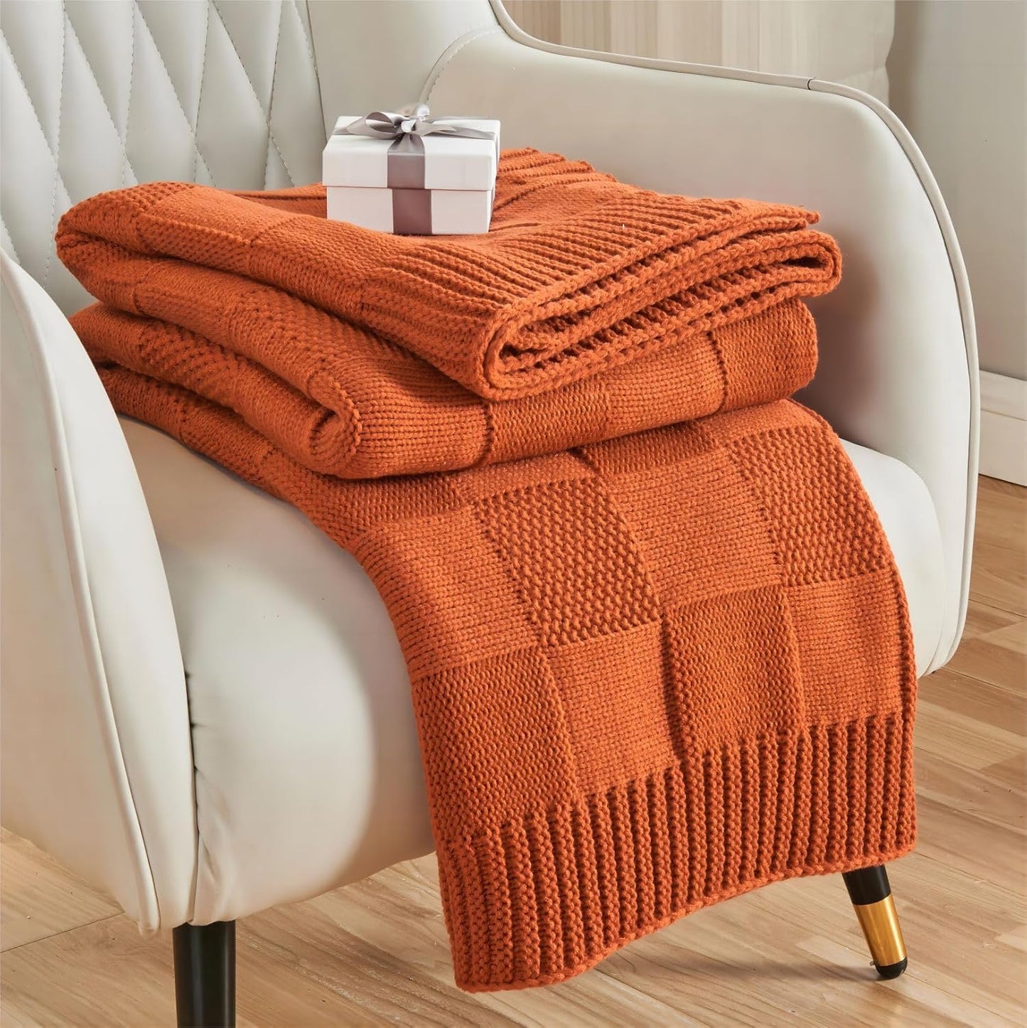 CozeCube Check Knit Throw Blanket, Rust Orange Checkered Throw for Couch, Decorative Christmas Soft Cozy Warm Knitted Blanket for Bed Sofa Living Room, 50"X60"