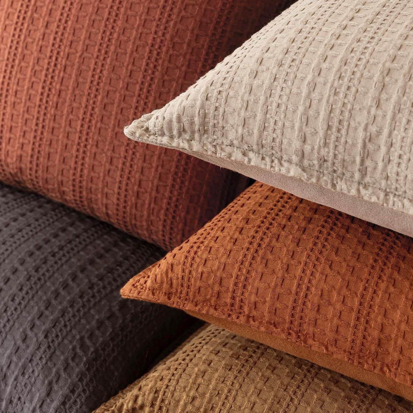 Foindtower Set of 2 Decorative Cotton Waffle Weave Throw Pillow Covers Euro Shams Cushion Covers Accent European Pillowcase for Bed Couch Sofa Bedroom Living Room Home Decor 22×22 Inch Burnt Orange