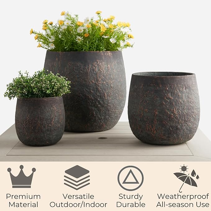 Wallowa Large Outdoor Planter, 17.32"+12.99"+9.06" Dia Round Weathered Concrete Planter Set of 3, Flower Pots with Drainage Holes, Sealing Plug for Garden, Patio, Home, Office, Greenish Bronze Rust