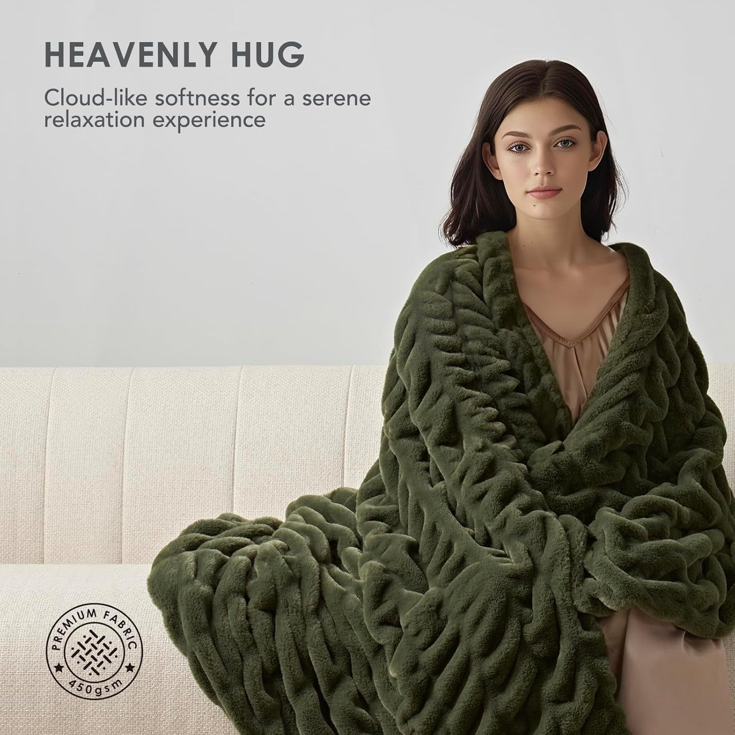 EVERGRACE Luxurious Soft Faux Rabbit Fur Throw Blanket, Cozy Fuzzy Plush Warm Throws for Couch Bed Sofa Chair Home Decor, Ruched Bubble Fluffy Blanket with Reversible Velvet, 60" x 80", Loden Green