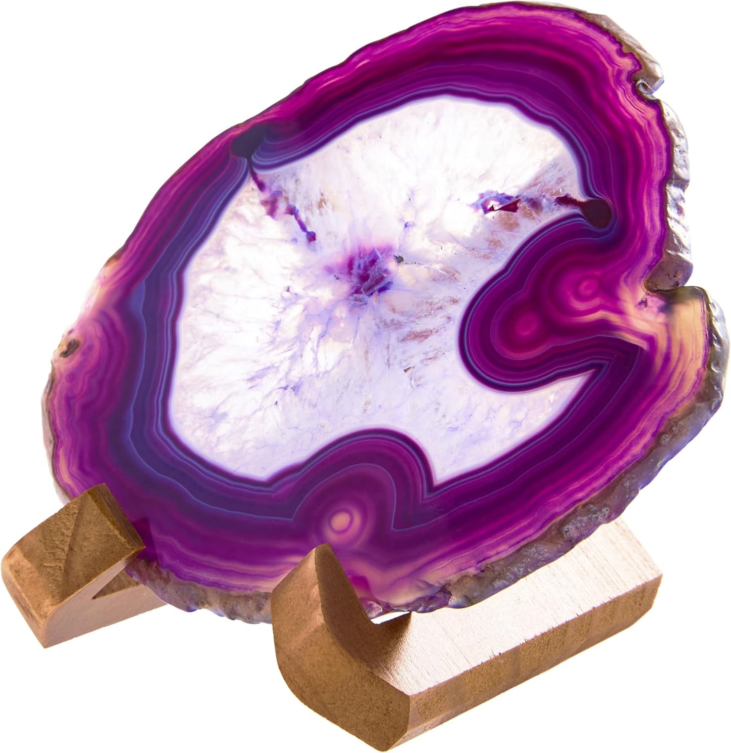 Luxury Lane Large Natural Brazilian Agate Slice Geode Rock Stone Drink Coaster with Wood Holder 4.7-5.5 inch Centerpiece Table Decoration, Amethyst Purple
