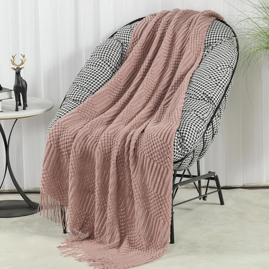 Blagic Knitted Throw Blanket for Couch, Bed and Sofa. Super Soft Blanket with Tassels, Light Pink Warm Throw Blanket, 50 x 60 Inches Lightweight & Cosy Home Decor