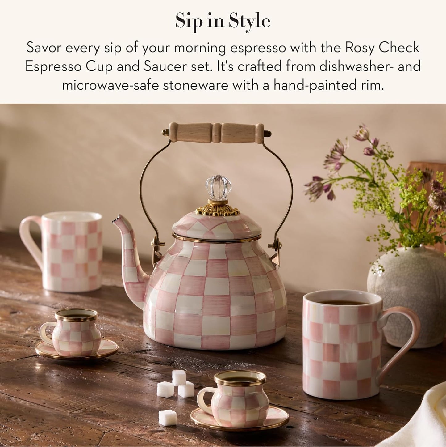 MACKENZIE-CHILDS Set of 2 Stoneware Espresso Cup and Saucer, Cute Coffee Cups, Pink-and-White Rosy Check