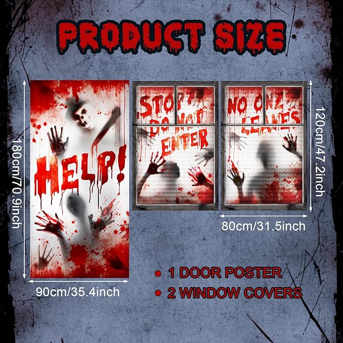 Tioncy 3 Pcs Halloween Window Door Covers Decorations Set Scary Halloween Haunted Window Curtains Zombie Hands Pattern Banner Porch Indoor Outdoor Decoration