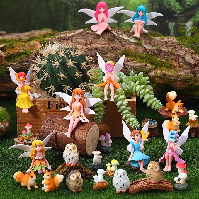 33 Pcs Fairy Garden Accessories Miniatures Garden Kit with Resin Fairies, Mushroom House & Bridge Miniature Accessories for Terrarium, Dollhouse & Outdoor Decor
