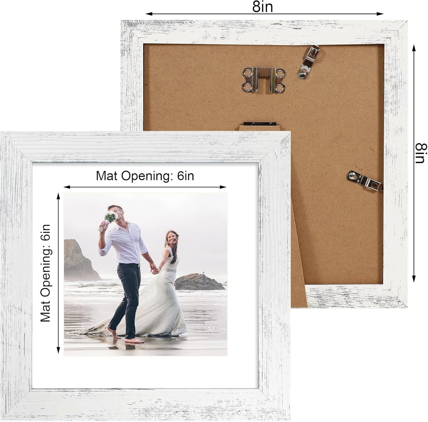 iRahmen 8x8 Picture Frames Set of 4 with Real Glass, Distressed White Frame Display 6x6 Pictures with Mat or 8 x 8 Without Mat, Wood Square Photo Frame for Wall Mount and Tabletop Display