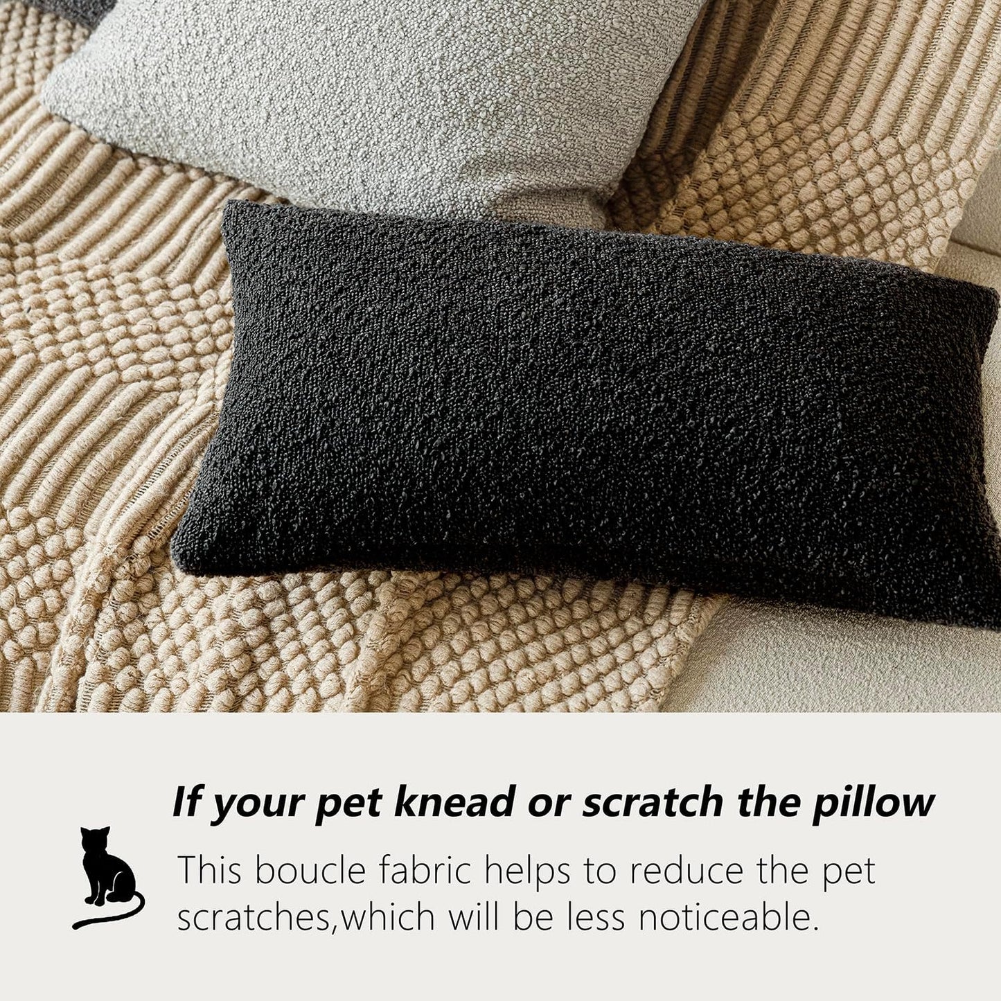 Foindtower Decorative Textured Boucle Throw Pillow Covers Accent Solid Lumbar Pillow Cases Neutral Soft Cozy Couch Cushion Case for Chair Sofa Bedroom Living Room Home Decor 12 x 20 Inch,Black
