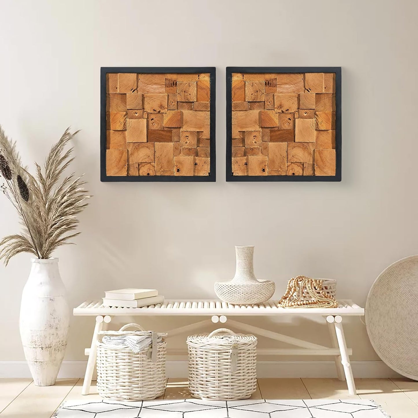 Greenage Reclaimed Teak Wood Wall Decor 17"x17" Farmhouse Simetris Square Wall Art Rustic Geometric Pattern Wall Hanging Decoration Wooden Frame Wall Panel for Home Living Room Bedroom