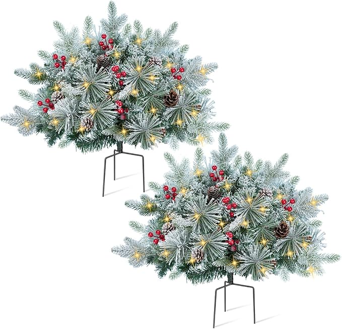 24'' Small Pre-lit Christmas Trees Outdoor Flocked Artificial Christmas Trees with LED Lights Berrys Pinecone Christmas Urn Filler Mini Xmas Tree for Porch & Yard - Set of 2