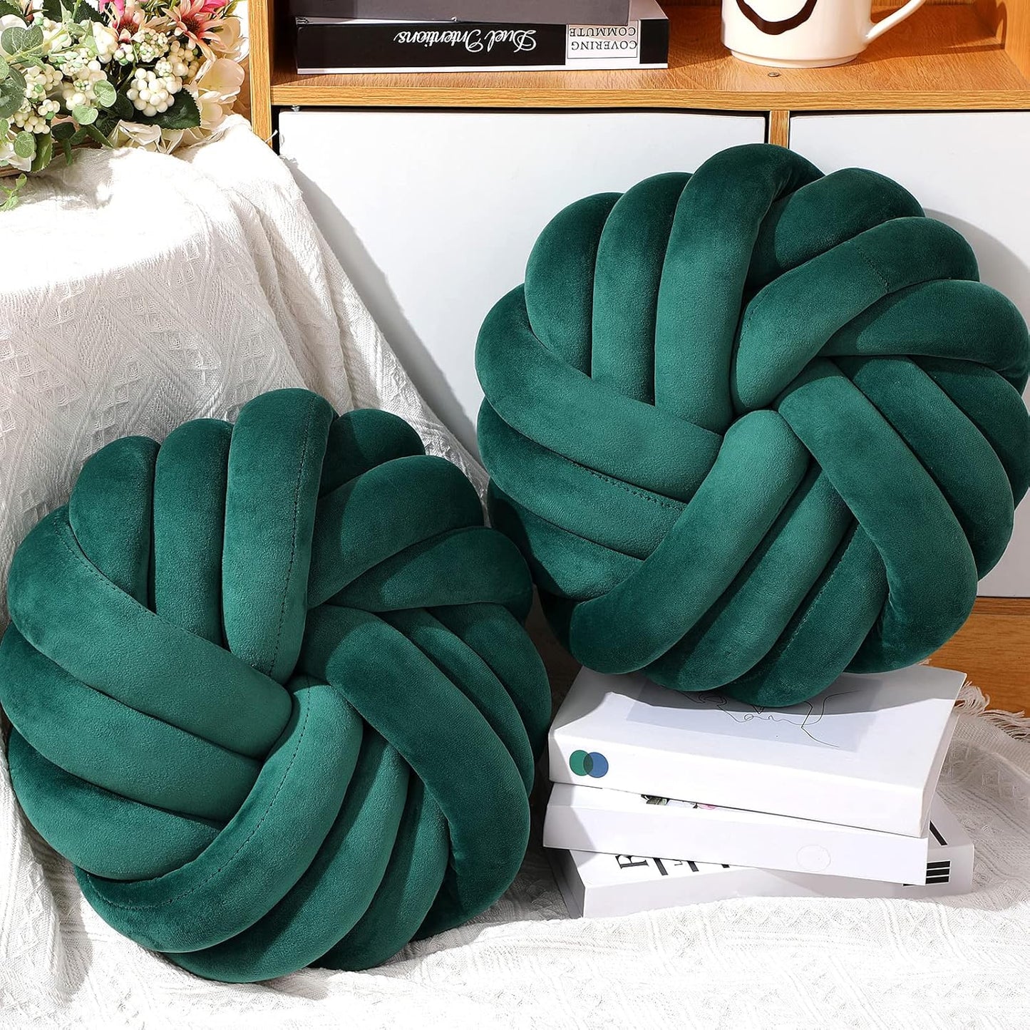 Fumete 2 Pcs 14 Inches Knot Pillow Round Throw Soft Plush Knot Ball Pillow Handmade Knotted Modern Home Decorative Cushion for Bed Bedroom, Sofa, Couch (Green)