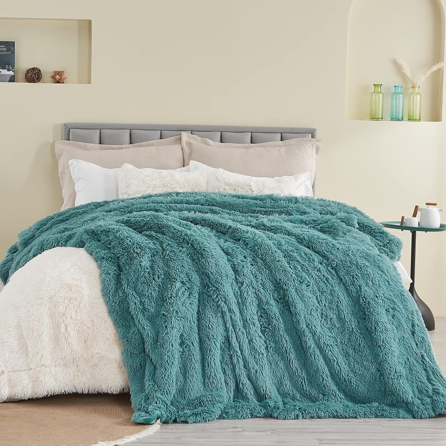 GONAAP Fuzzy Faux Fur Throw Blanket Light Teal Super Soft Cozy Plush Fuzzy Shaggy Blanket for Couch Sofa Bed (Light Teal, Throw(50"x60"))