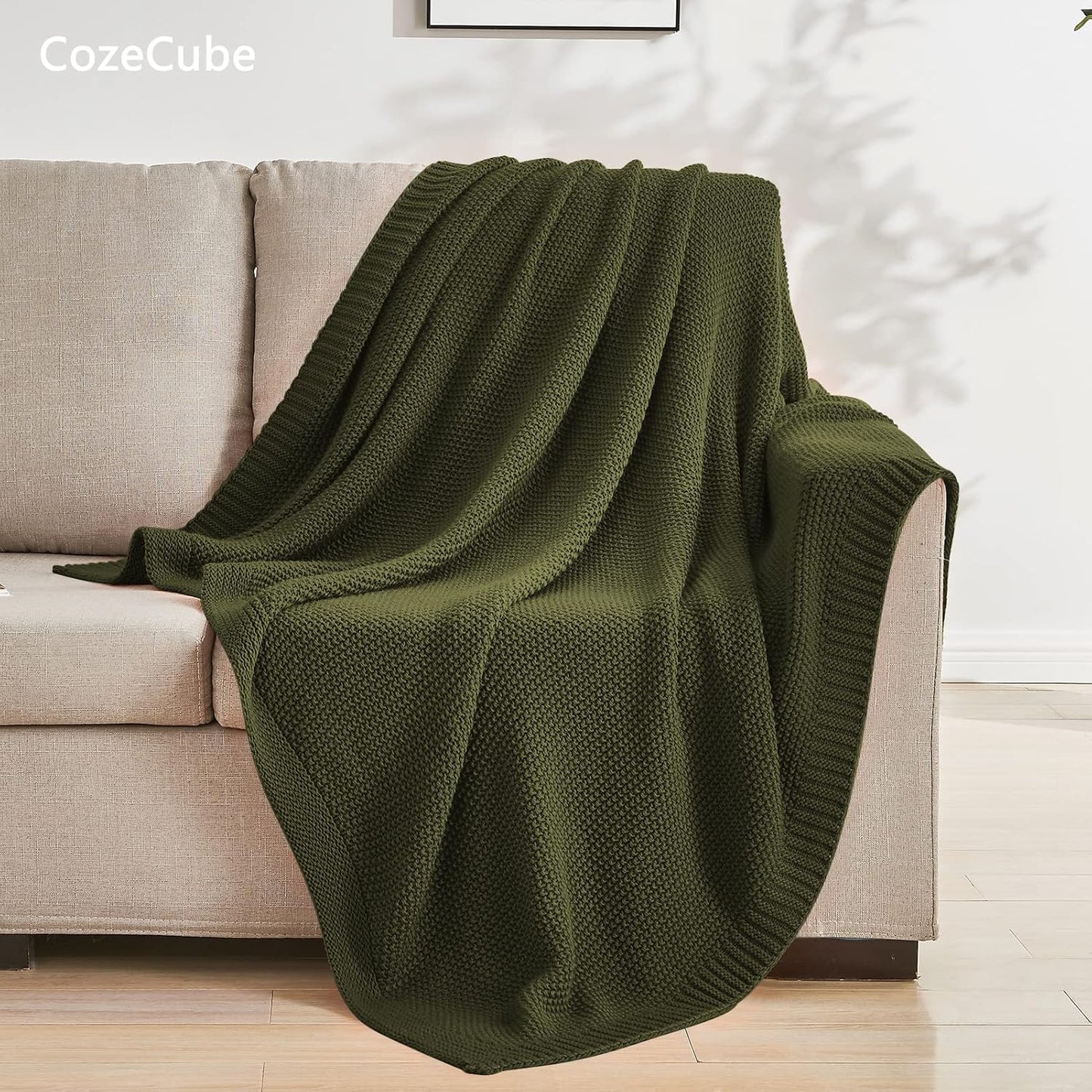 CozeCube Olive Green Throw Blanket for Couch, Soft Cozy Cable Knit Throw for Bed Sofa Living Room, Lightweight Warm Decorative Farmhouse Christmas Blanket, 60"x80", Olive Green