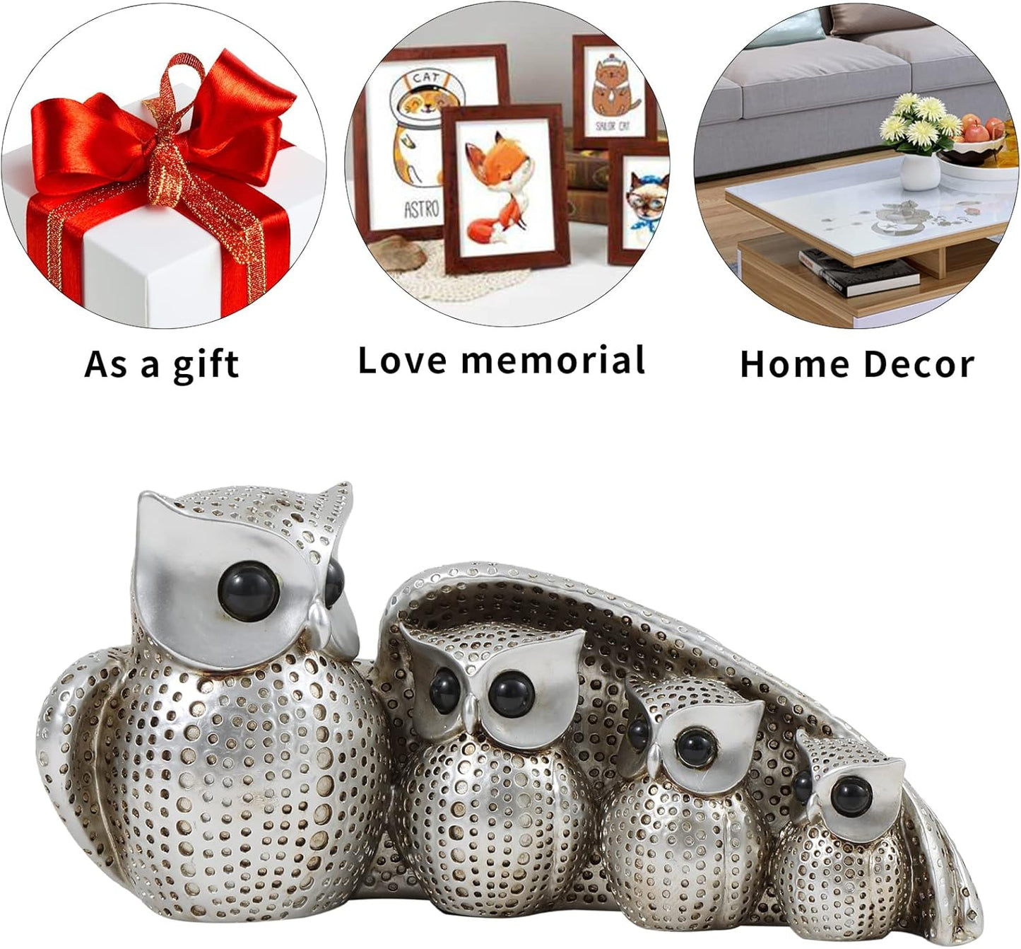 Cute Silver Family of Four owl Figurines Home Décor Sculpture with Three Baby Owls Décor for Shelf Gifts Decoration for Birds Lovers Home,Office, Bookself