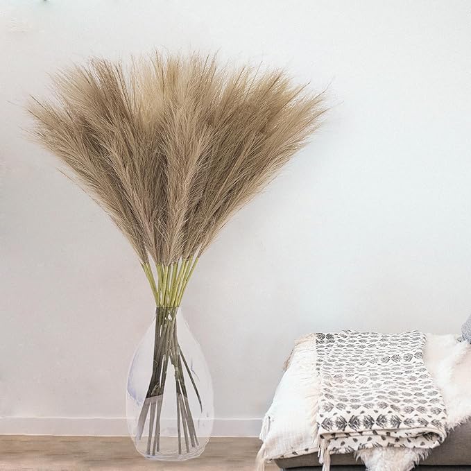 38" 10 Stems Faux Pampas Grass Decor - Tall Pampas Grass for Floor Vase Fluffy Artificial Pampas Grass for Boho Home Wedding Mothers Day Decoration（Brown）