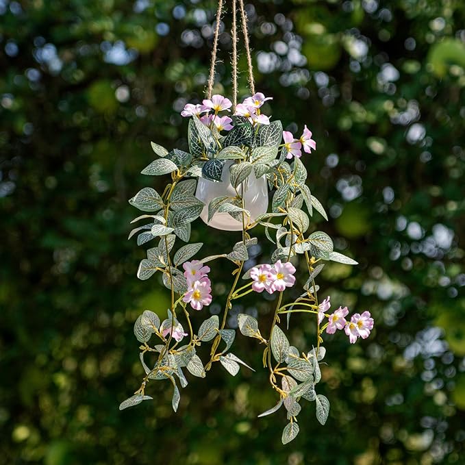 2PCS Artificial Hanging Plant with Pot Faux Hanging Plants Small Hanging Plants Pot with Artificial Vines and Flower Greenery Decoration for Living Room Wall Home Wall Shelf(Pink)