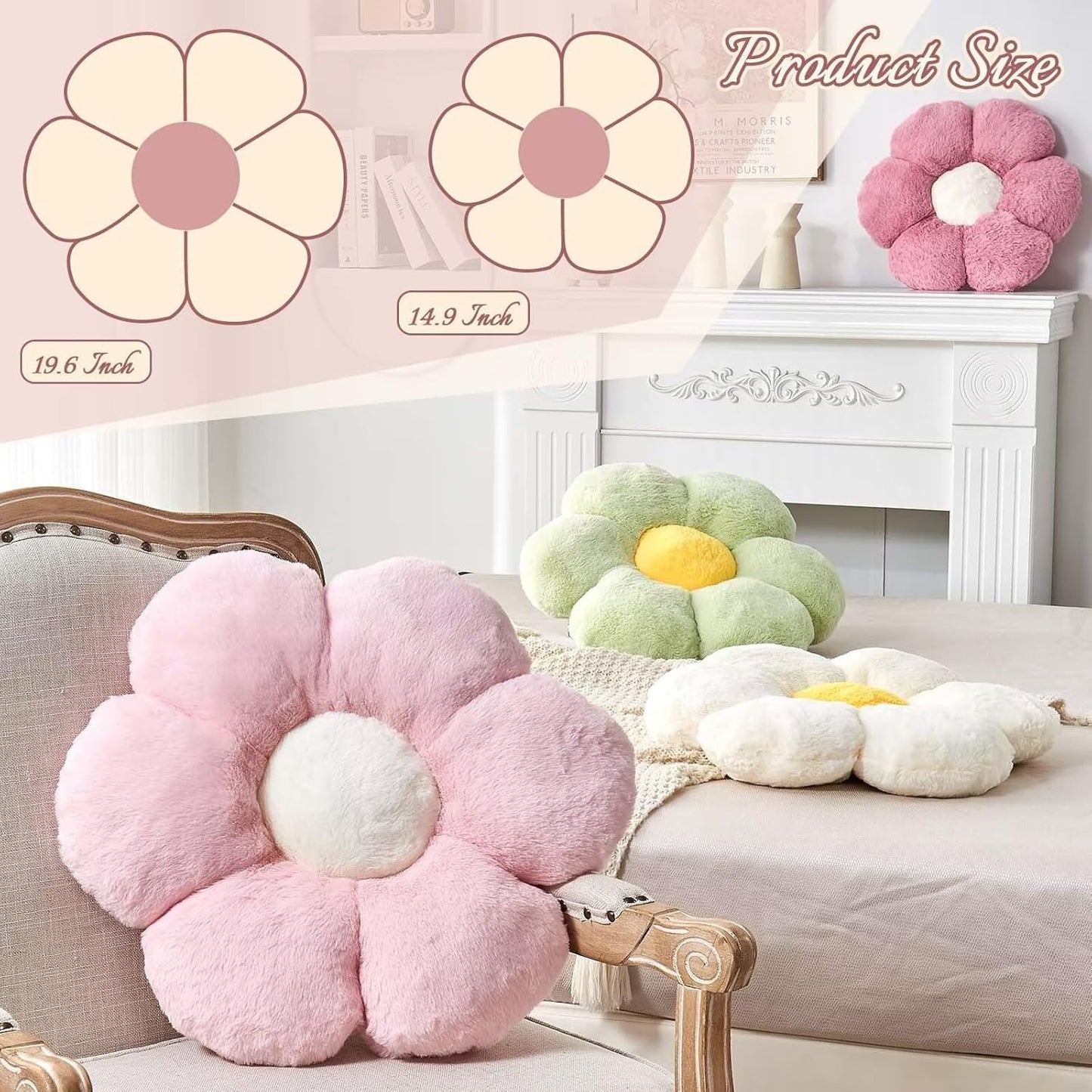 Beige Flower Pillow, Cute Decorative Flower Shaped Throw Pillow with Faux Rabbit Fur, 19.6" Soft Flower Plush Throw Pillow Floor Pillows Room Décor for Bedroom Living Room