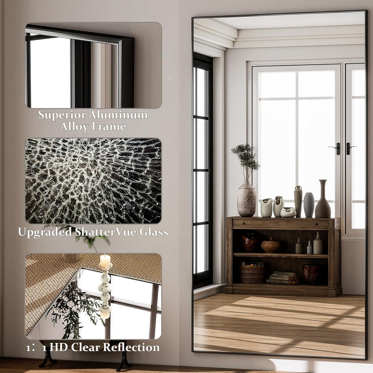 GLSLAND 71"x31" Full Length Mirror Extra Large Hanging or Leaning Rectangle Mirror Aluminum Alloy Thin Frame Bedroom Floor Dressing,Black