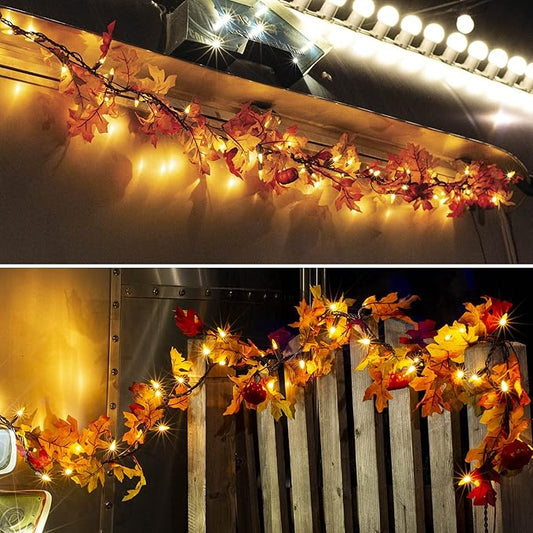 Thanksgiving Decorations Maple Leaf String Lights Plug in 120V, Fall Leaves Garland With Lights, 35 Bulbs Lighted for Halloween Outdoor Thanksgiving Decor
