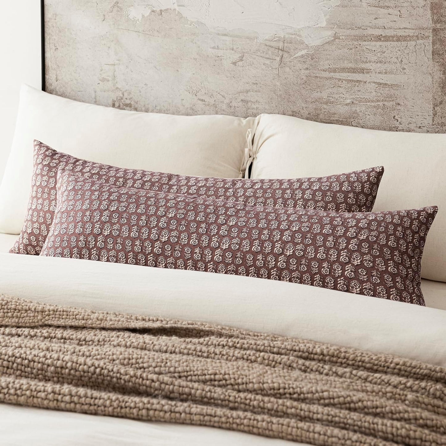 Foindtower Set of 2 Decorative Vintage Long Lumbar Throw Pillow Covers Neutral Modern Farmhouse Cushion Covers Floral Home Decor for Sofa Couch Chair Bedroom Living Room,14×36 Inch,Wine Red