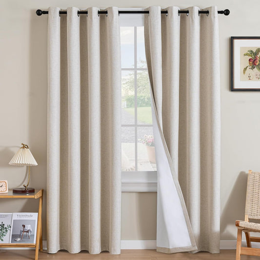 H.VERSAILTEX Linen Curtains 100% Blackout Curtains for Bedroom 84 inch Long Full Light Blocking Nature Linen Blended Window Curtains for Living Room Nickel Grommet (2 Panels, Heathered Natural)