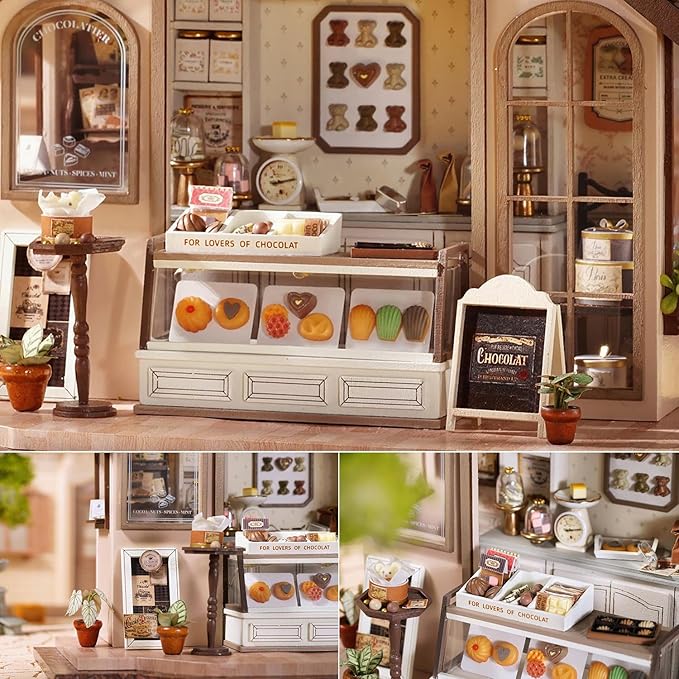 TuKIIE DIY Miniature House Kit with Furniture, 1:24 Scale Creative Room Mini Wooden Dollhouse Book Nook Plus Dust Proof & Music Movement for Kids Teens Adults(Leisurely Bakery)