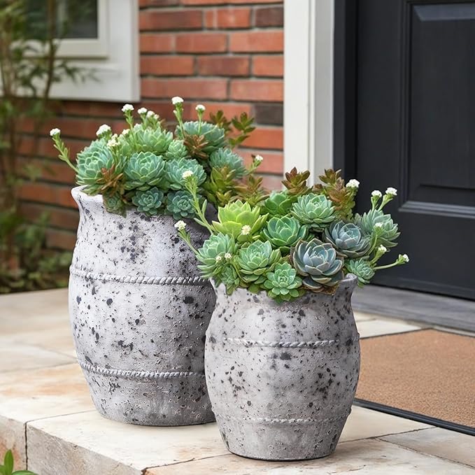 Yundu Concrete Plant Pot Set of 2, The Large planters for Indoor Plants, 13.8 & 10.8 inch pots for Plants, Plant pots Indoor with Drainage Modern décor for Home, Office and Outdoor Décor