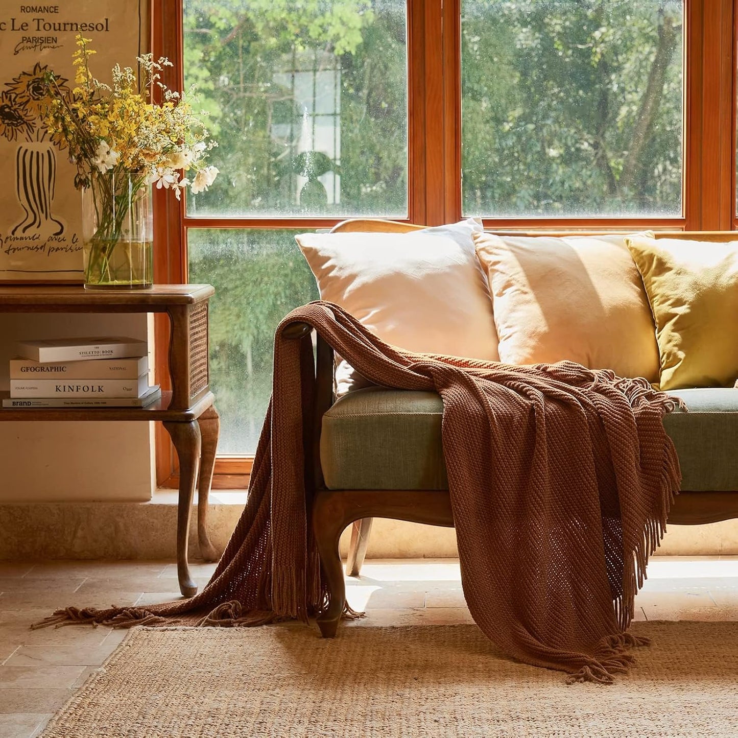 lifein Throw Blanket for Couch, Soft Boho Decor Bed Throw,Cozy Brown Knitted Chenille Small Farmhouse Lightweight Throw (Golden Brown,60 * 80")