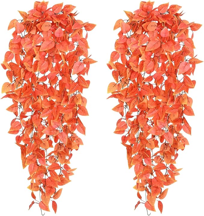 BLEUM CADE Fake Hanging Plants, 2pcs Artificial Hanging Plant, Faux Orange Vines Hanging Plant for Wall Home Living Room Indoor Outdoor Fall Decor (No Baskets)