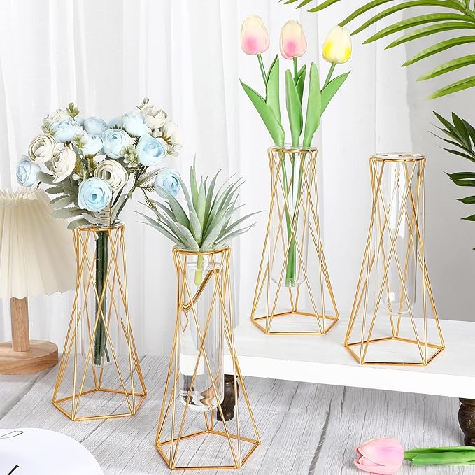 4 Pcs Gold Geometric Vase for Centerpieces Metal Flower Stand with Glass Cylinder Hydroponic Plant Flower Vase for Home Floor Office Wedding