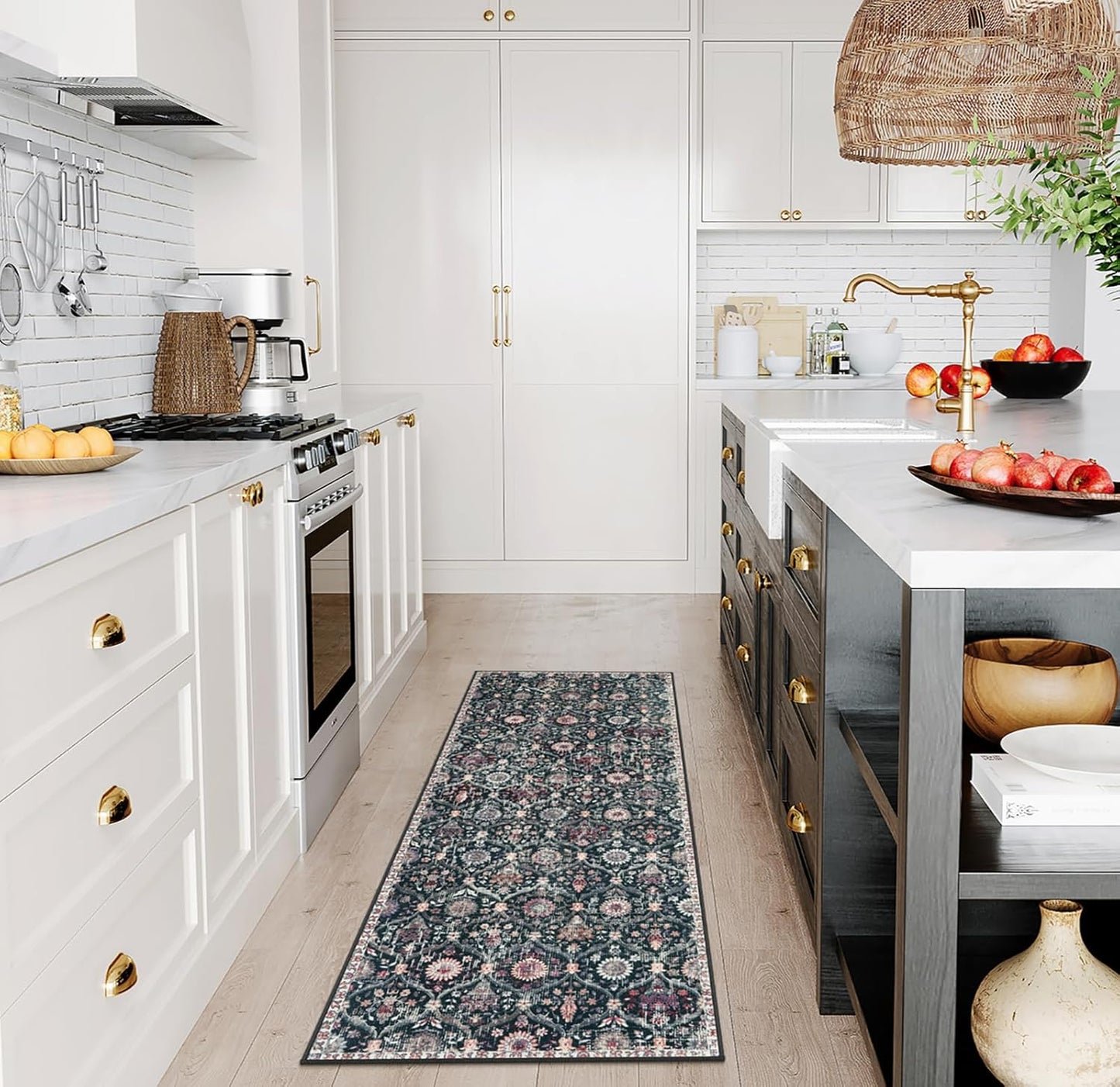 Lahome Moroccan Trellis Kitchen Runner, 2x5 Rug Runners for Hallways Non Slip Laundry Room Rug, Ultra-Thin Washable Vintage Carpet for Bedroom Bathroom, Black/Multi