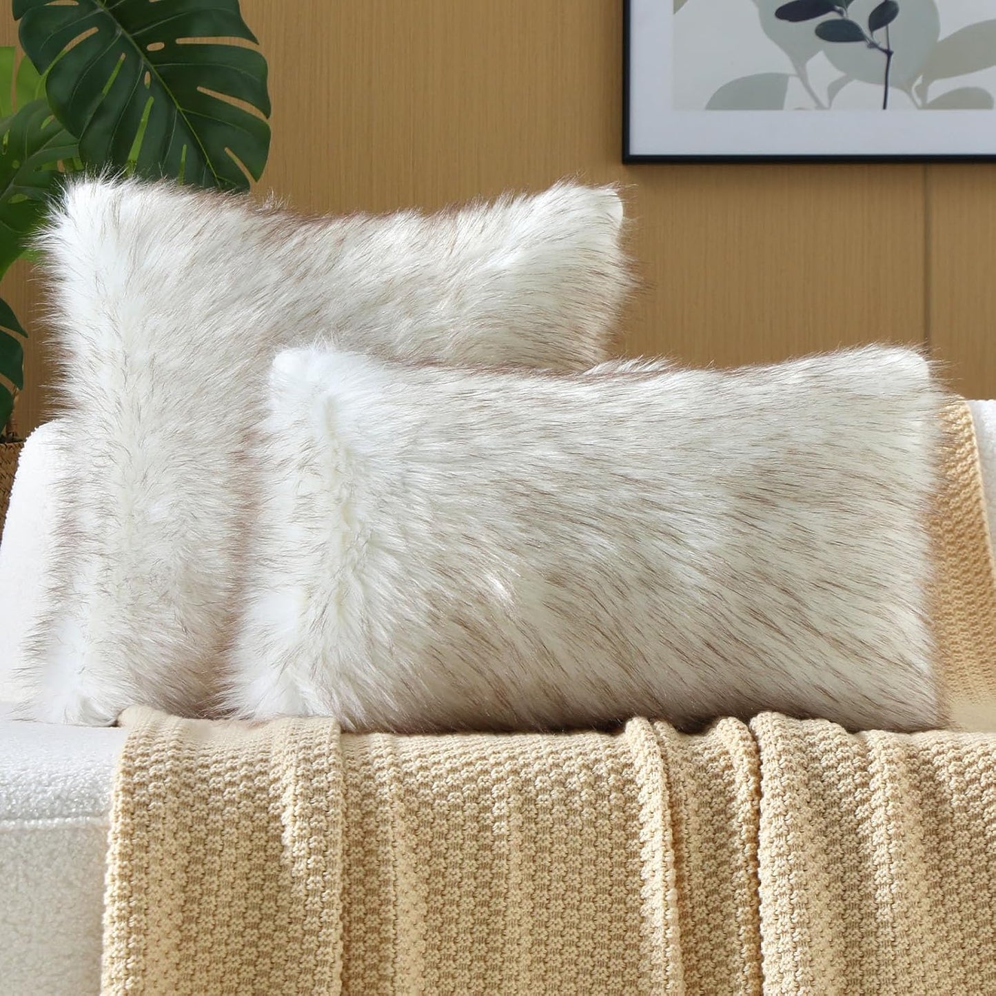 FUTEI Coffee White Decorative Throw Pillow Covers 16x16 Inch Set of 2,Soft Fluffy Faux Fox Fur Textured Cushion Case,Modern Home Decor for Couch Living Room