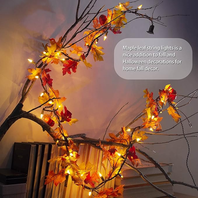 Thanksgiving Decorations Maple Leaf String Lights Plug in 120V, Fall Leaves Garland With Lights, 35 Bulbs Lighted for Halloween Outdoor Thanksgiving Decor