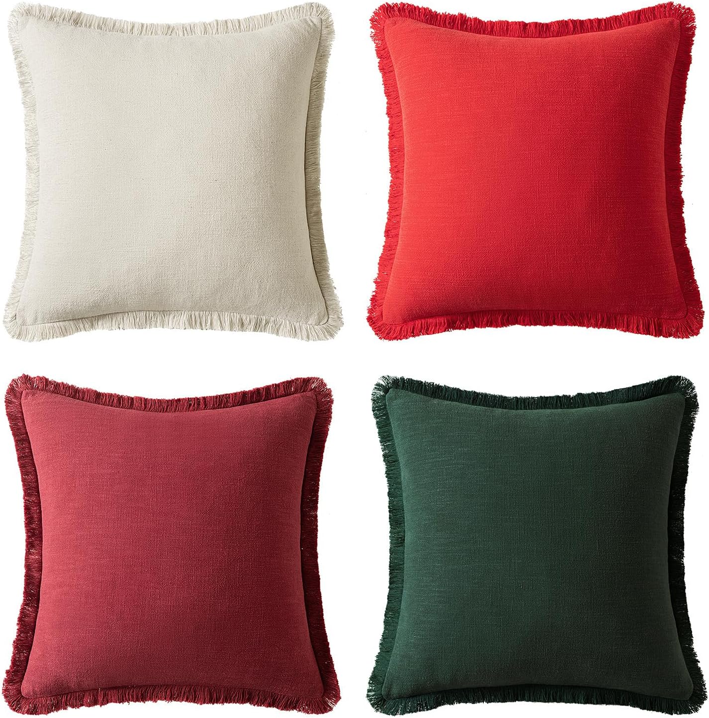 MIULEE Linen Pillow Covers 18x18 Inch Decorative Throw Pillows with Fringe Pack of 4 Soft Farmhouse Boho Couch Pillows Home Decors for Sofa Cushion Living Room Bed Dark Green and Red