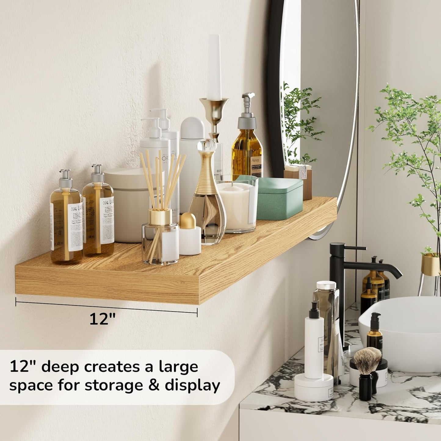 Fun Memories Floating Shelves - 2 Pack 12 Inch Deep Rustic Wooden Wall Shelves - Extra Deeper & Thicker Wall Mounted Storage Shelf for Living Room, Kitchen, Farmhouse - 36" W x 12" D x 1.5" H - Oak